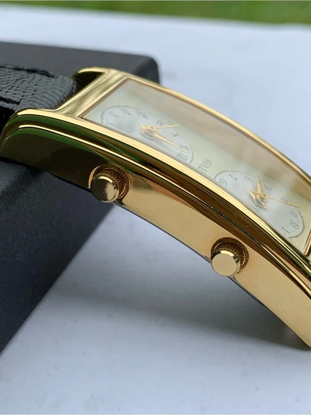 Avalon by Citizen Gold-Tone Rectangular Dual Dial Watch with Black Strap